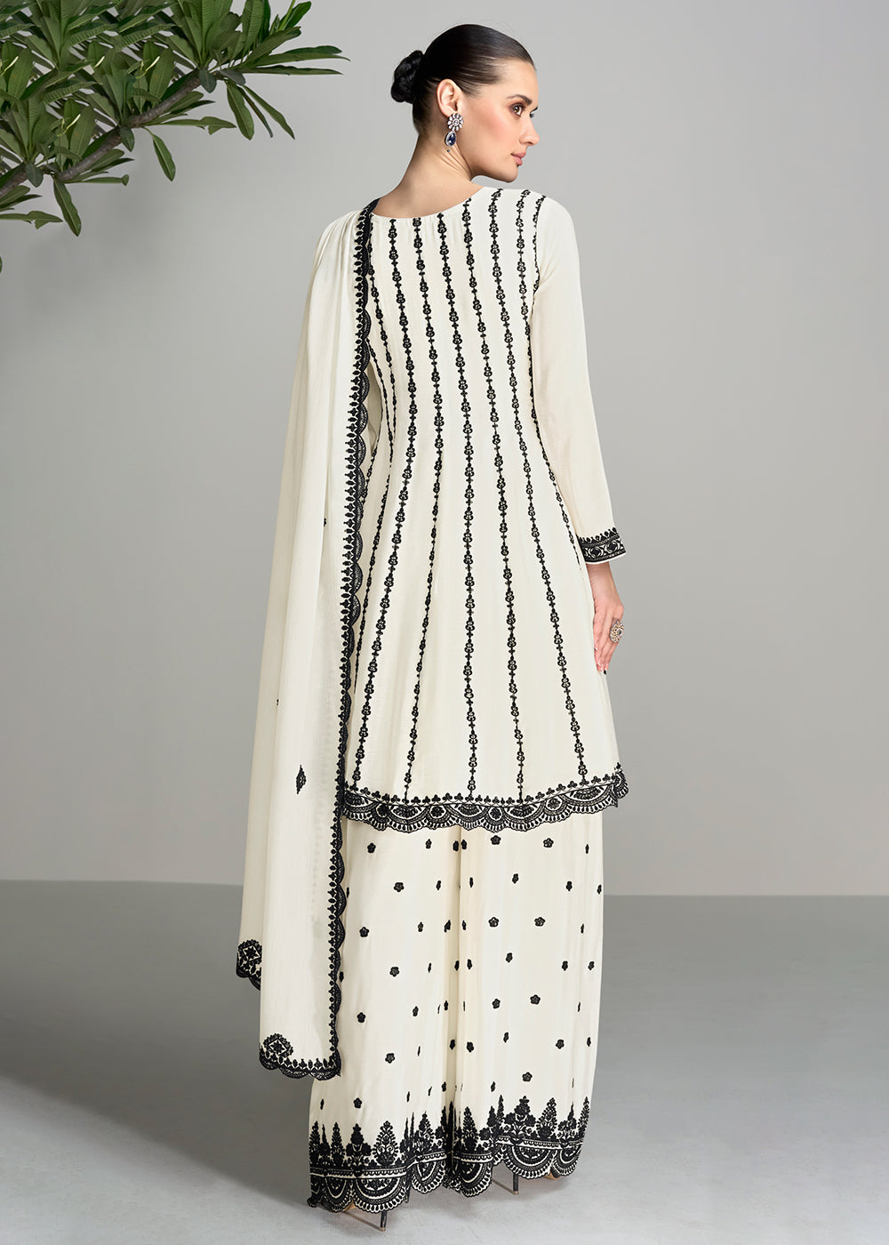 Buy Now Embroidered Off White Chinnon Wedding Festive Palazzo Suit Online in USA, UK, Canada, Germany, Australia & Worldwide at Empress Clothing.