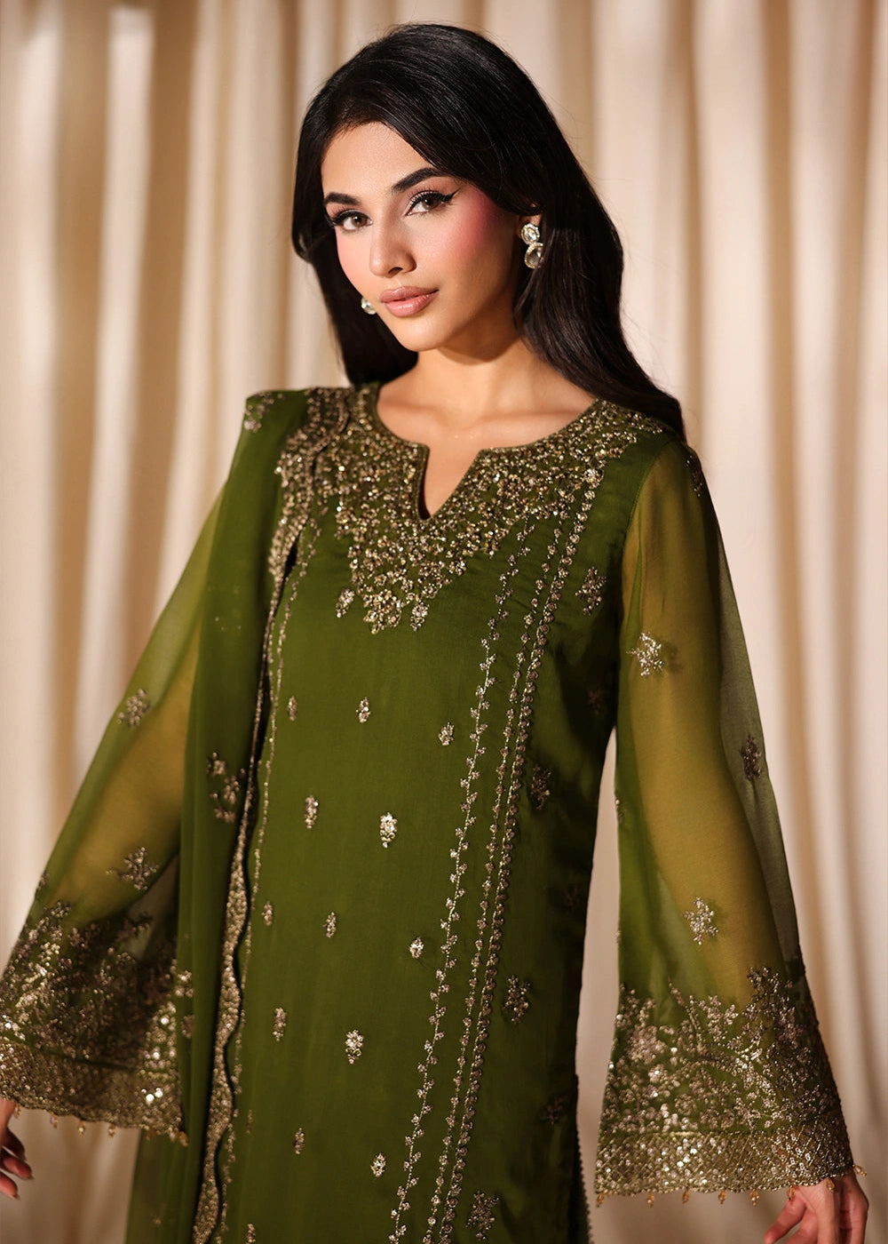 Buy Now Luxe Embroidered Chiffon '26 by Azure | Imperial Olive Online in US, UK, Canada, France, Italy, Germany, Greece, Sweden, Africa & Worldwide at Empress.