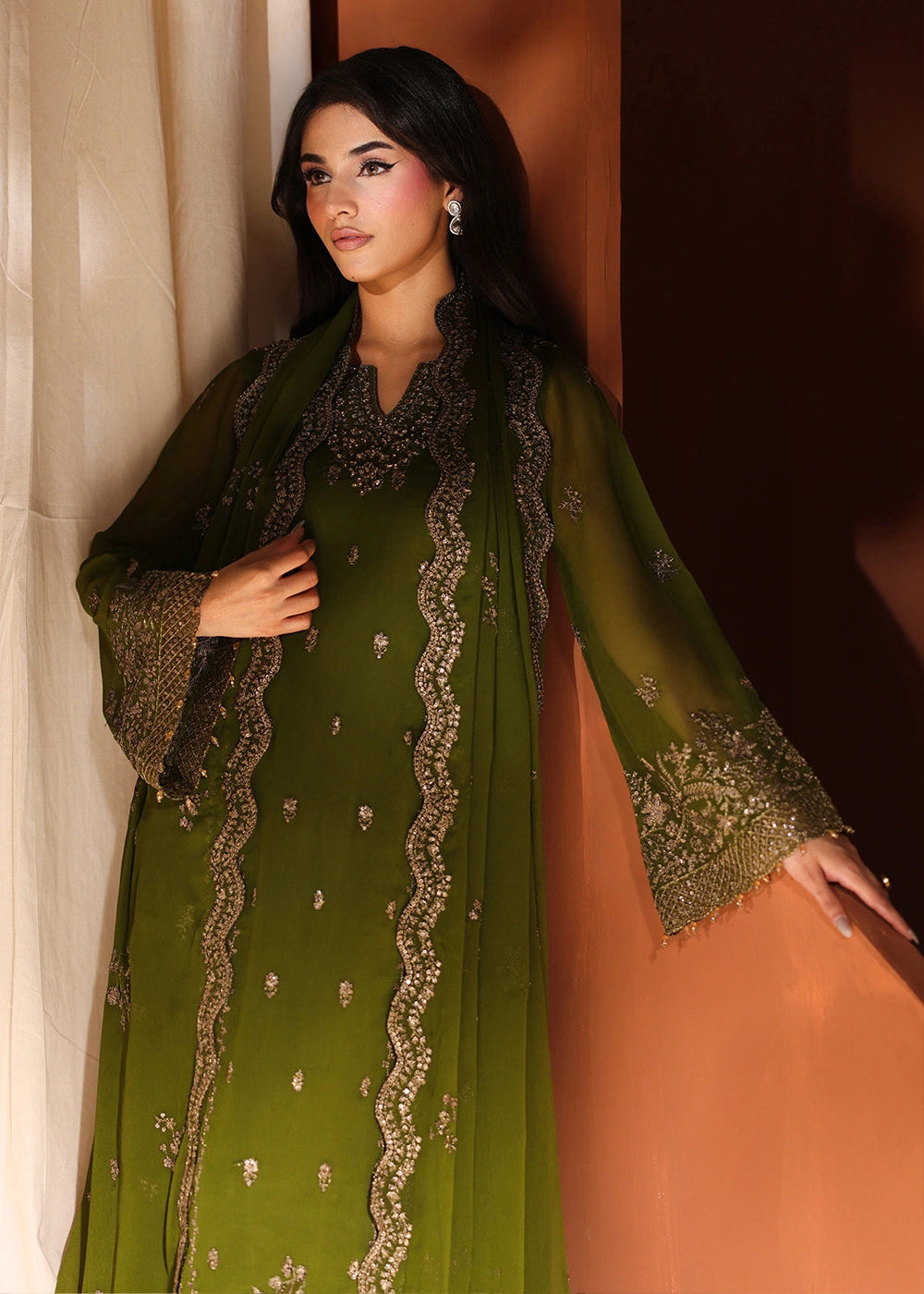 Buy Now Luxe Embroidered Chiffon '26 by Azure | Imperial Olive Online in US, UK, Canada, France, Italy, Germany, Greece, Sweden, Africa & Worldwide at Empress.