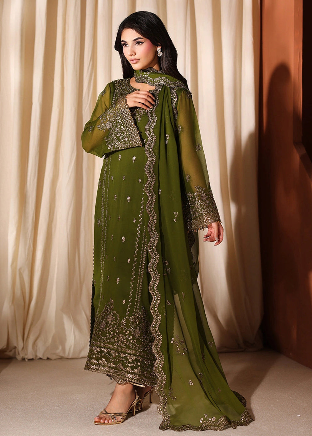 Buy Now Luxe Embroidered Chiffon '26 by Azure | Imperial Olive Online in US, UK, Canada, France, Italy, Germany, Greece, Sweden, Africa & Worldwide at Empress.