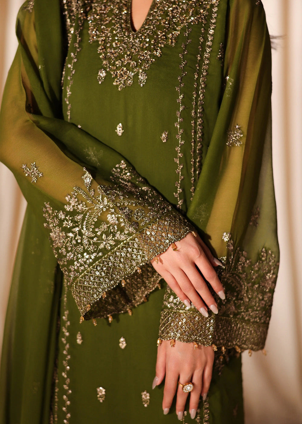 Buy Now Luxe Embroidered Chiffon '26 by Azure | Imperial Olive Online in US, UK, Canada, France, Italy, Germany, Greece, Sweden, Africa & Worldwide at Empress.