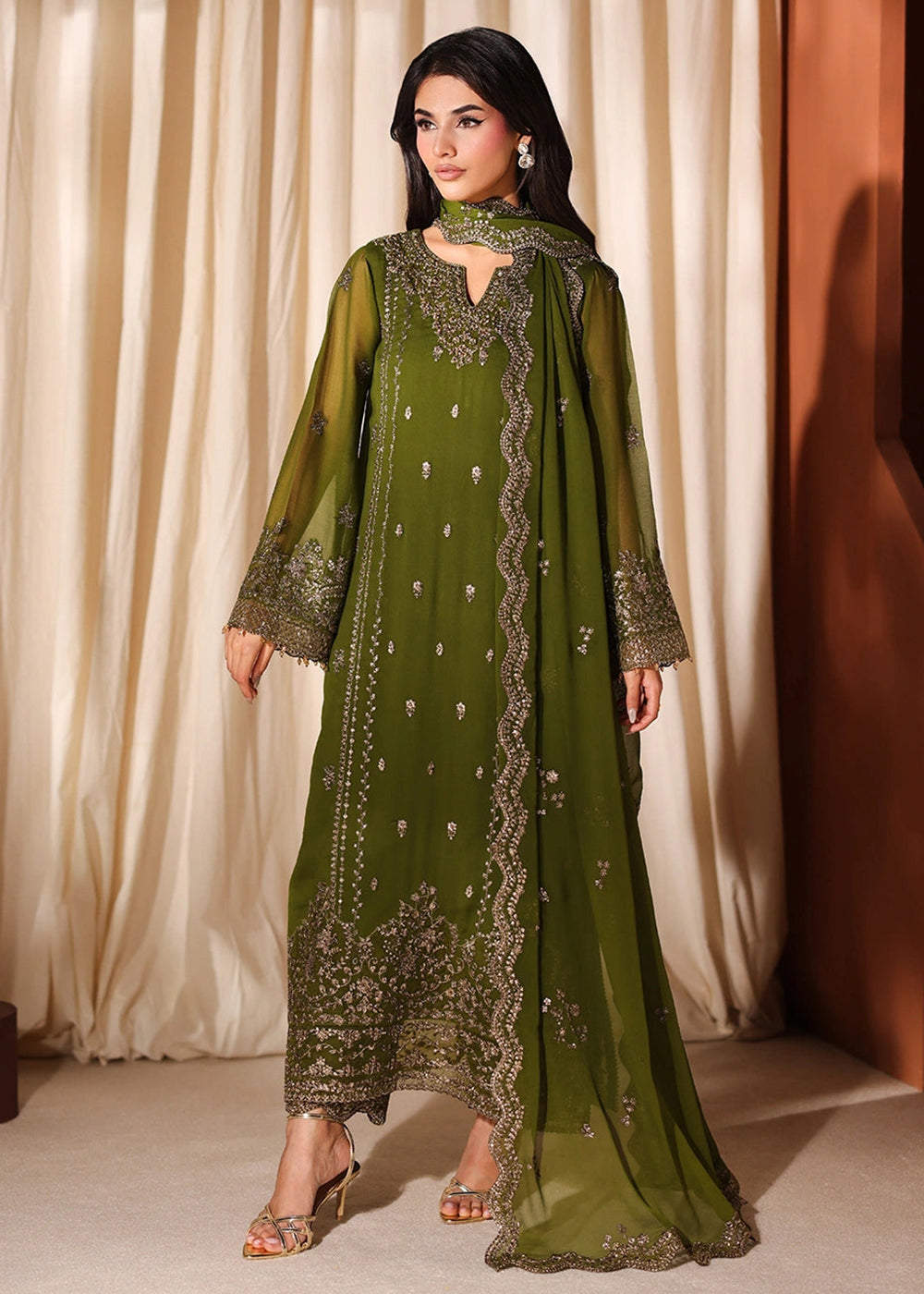 Buy Now Luxe Embroidered Chiffon '26 by Azure | Imperial Olive Online in US, UK, Canada, France, Italy, Germany, Greece, Sweden, Africa & Worldwide at Empress.