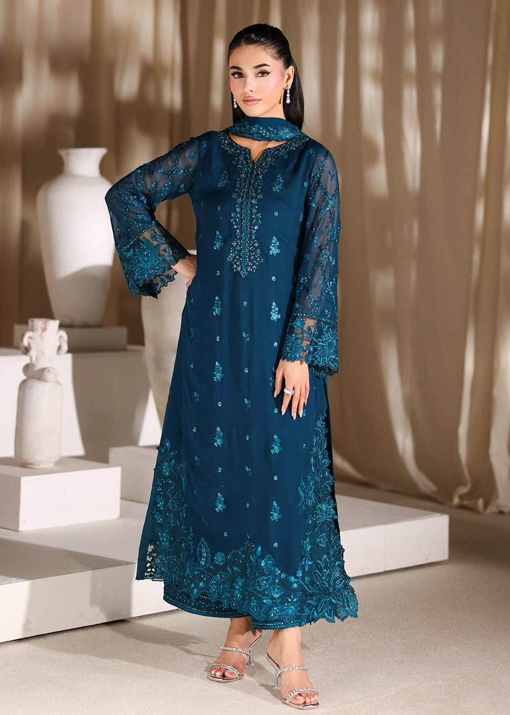 Buy Now Luxe Embroidered Chiffon '26 by Azure | Majestic Teal Online in US, UK, Canada, France, Italy, Germany, Greece, Sweden, Africa & Worldwide at Empress.