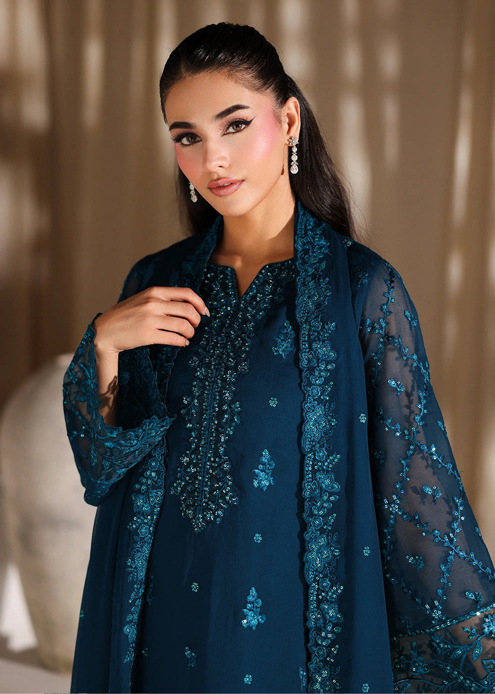 Buy Now Luxe Embroidered Chiffon '26 by Azure | Majestic Teal Online in US, UK, Canada, France, Italy, Germany, Greece, Sweden, Africa & Worldwide at Empress.