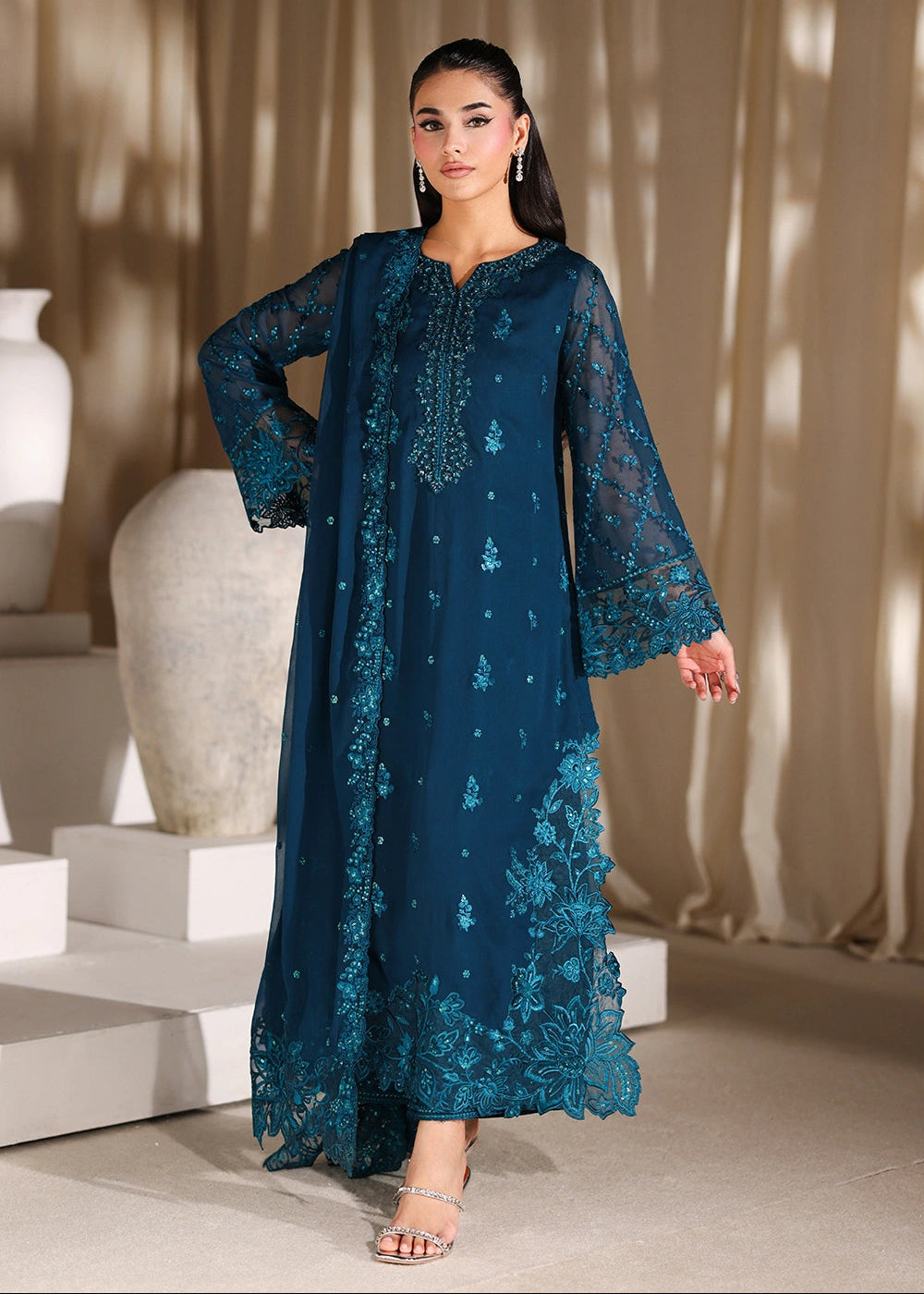 Buy Now Luxe Embroidered Chiffon '26 by Azure | Majestic Teal Online in US, UK, Canada, France, Italy, Germany, Greece, Sweden, Africa & Worldwide at Empress.