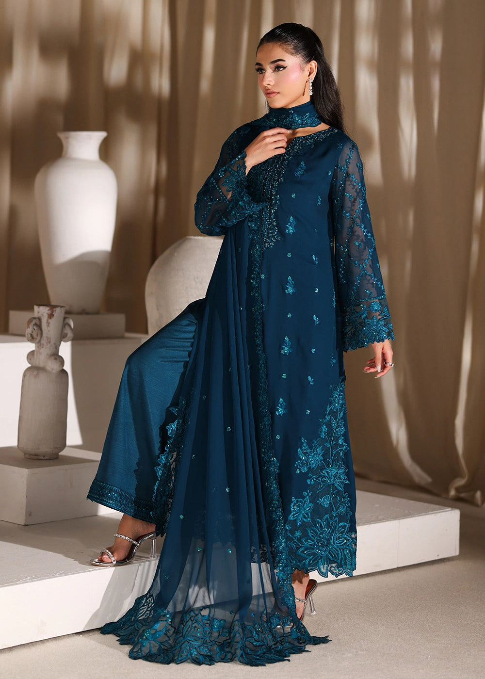 Buy Now Luxe Embroidered Chiffon '26 by Azure | Majestic Teal Online in US, UK, Canada, France, Italy, Germany, Greece, Sweden, Africa & Worldwide at Empress.