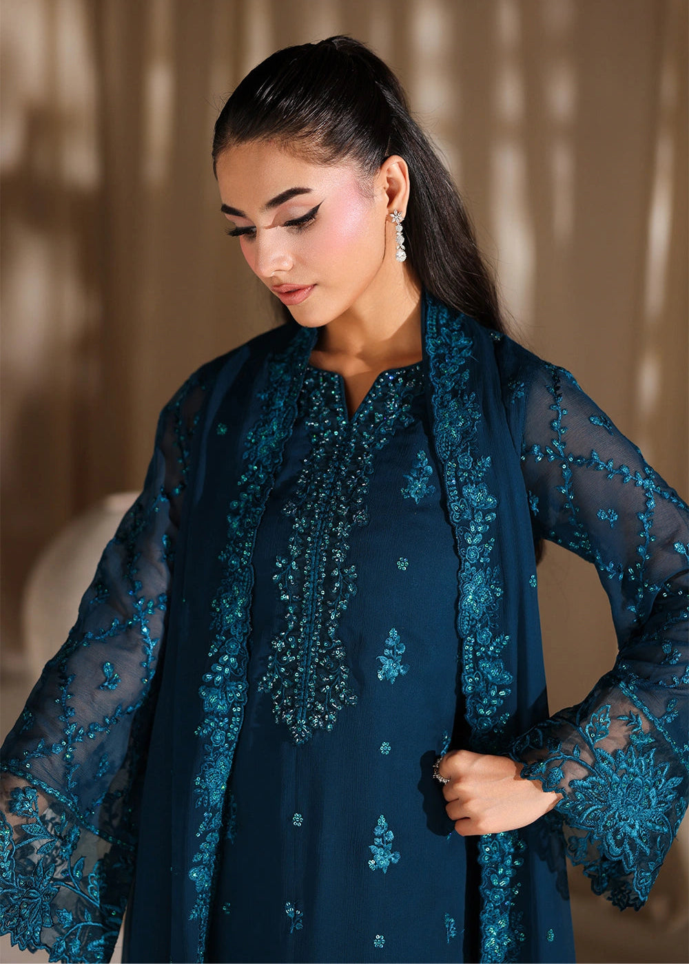 Buy Now Luxe Embroidered Chiffon '26 by Azure | Majestic Teal Online in US, UK, Canada, France, Italy, Germany, Greece, Sweden, Africa & Worldwide at Empress.