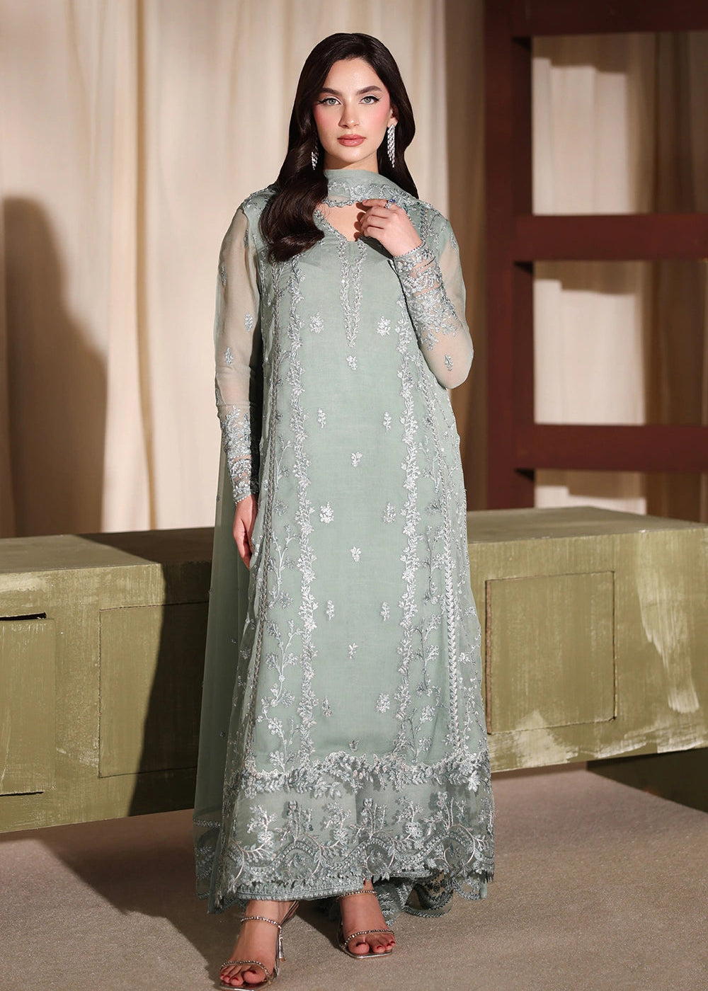 Buy Now Luxe Embroidered Chiffon '26 by Azure | Satin Sage Online in US, UK, Canada, France, Italy, Germany, Greece, Sweden, Africa & Worldwide at Empress.