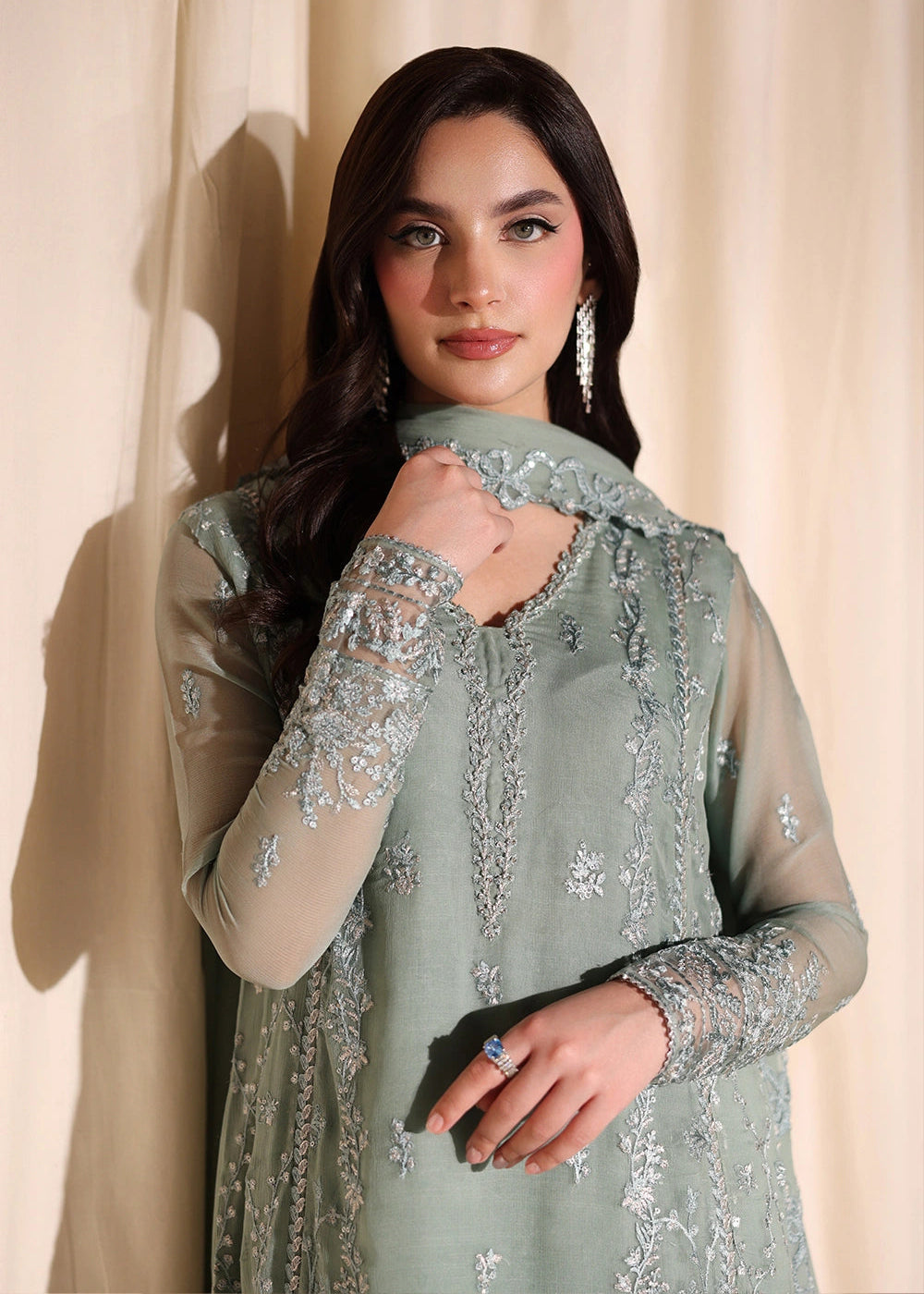 Buy Now Luxe Embroidered Chiffon '26 by Azure | Satin Sage Online in US, UK, Canada, France, Italy, Germany, Greece, Sweden, Africa & Worldwide at Empress.
