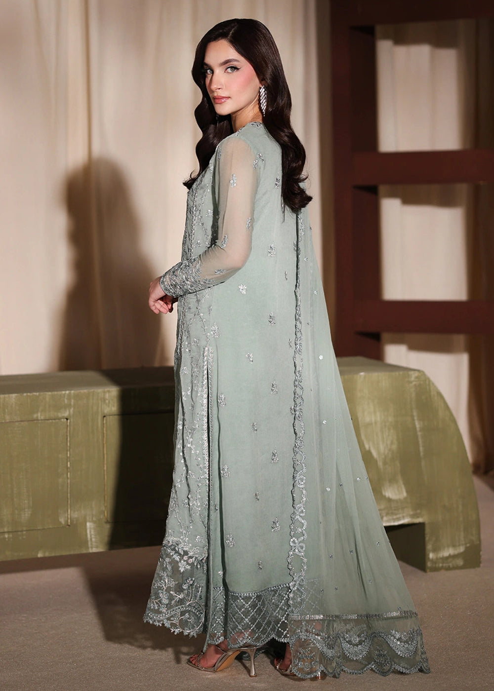 Buy Now Luxe Embroidered Chiffon '26 by Azure | Satin Sage Online in US, UK, Canada, France, Italy, Germany, Greece, Sweden, Africa & Worldwide at Empress.