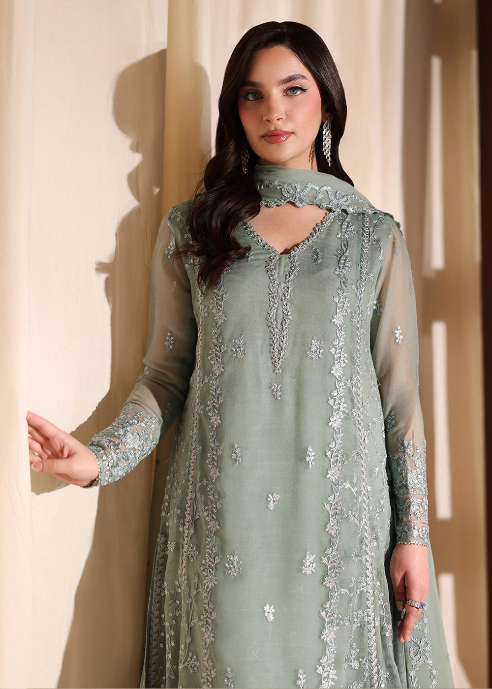 Buy Now Luxe Embroidered Chiffon '26 by Azure | Satin Sage Online in US, UK, Canada, France, Italy, Germany, Greece, Sweden, Africa & Worldwide at Empress.