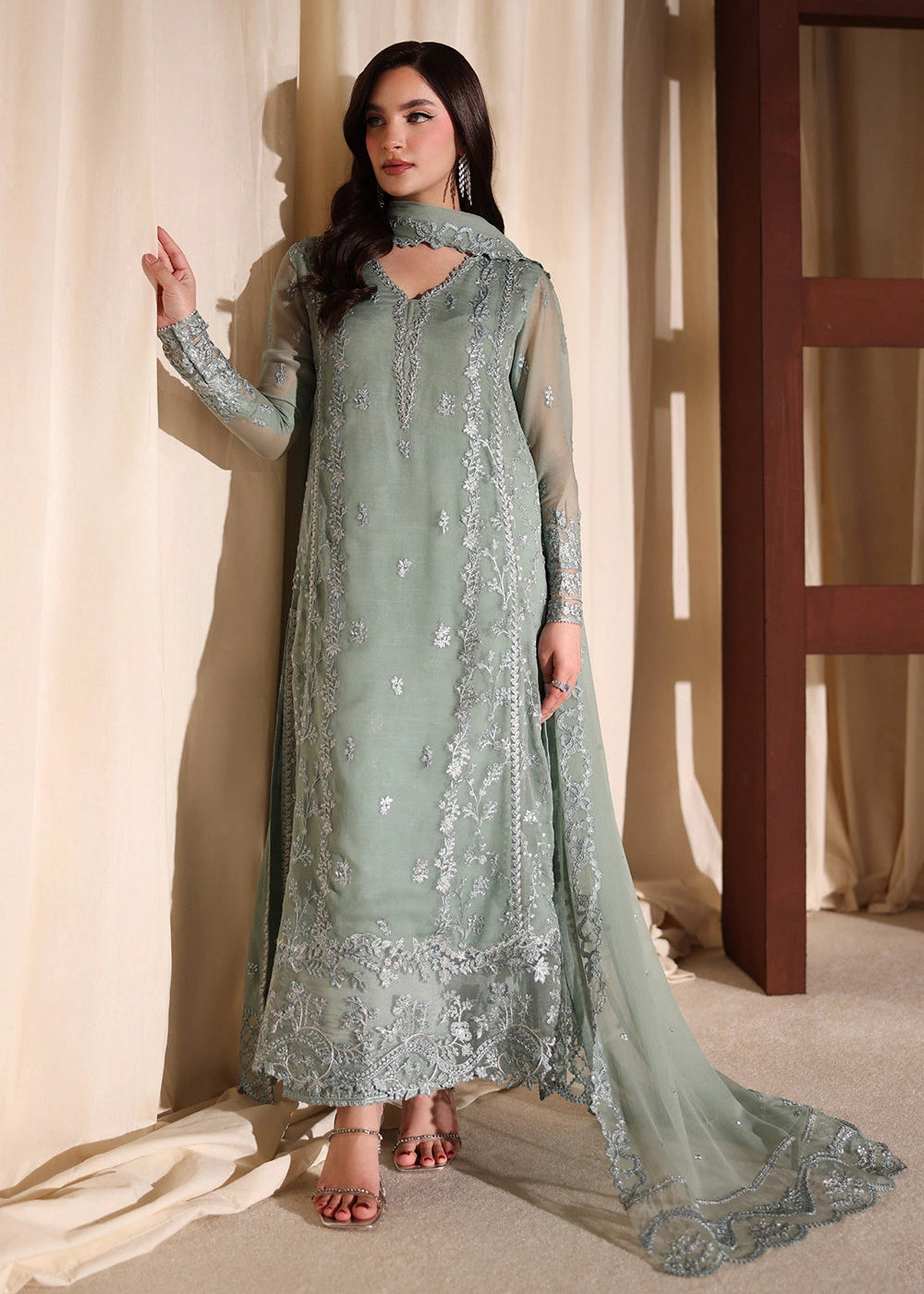 Buy Now Luxe Embroidered Chiffon '26 by Azure | Satin Sage Online in US, UK, Canada, France, Italy, Germany, Greece, Sweden, Africa & Worldwide at Empress.