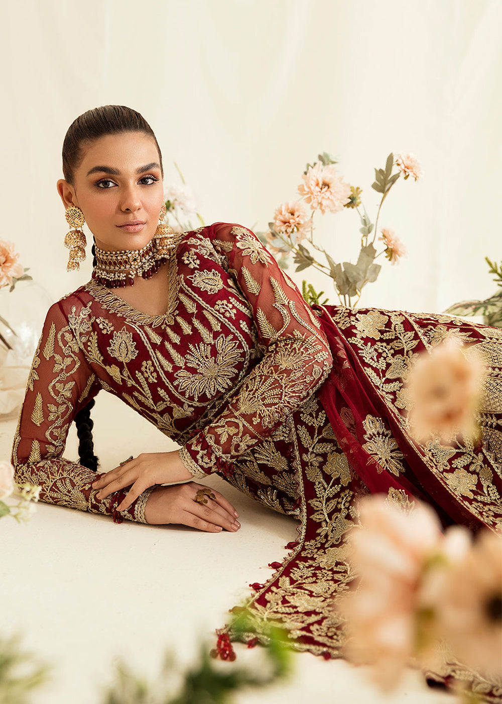 Buy Now Red Pakistani Maxi Dress | Ayzel | Fleur De Lis Formals’23 | Tresor Online in USA, UK, Canada & Worldwide at Empress Clothing.