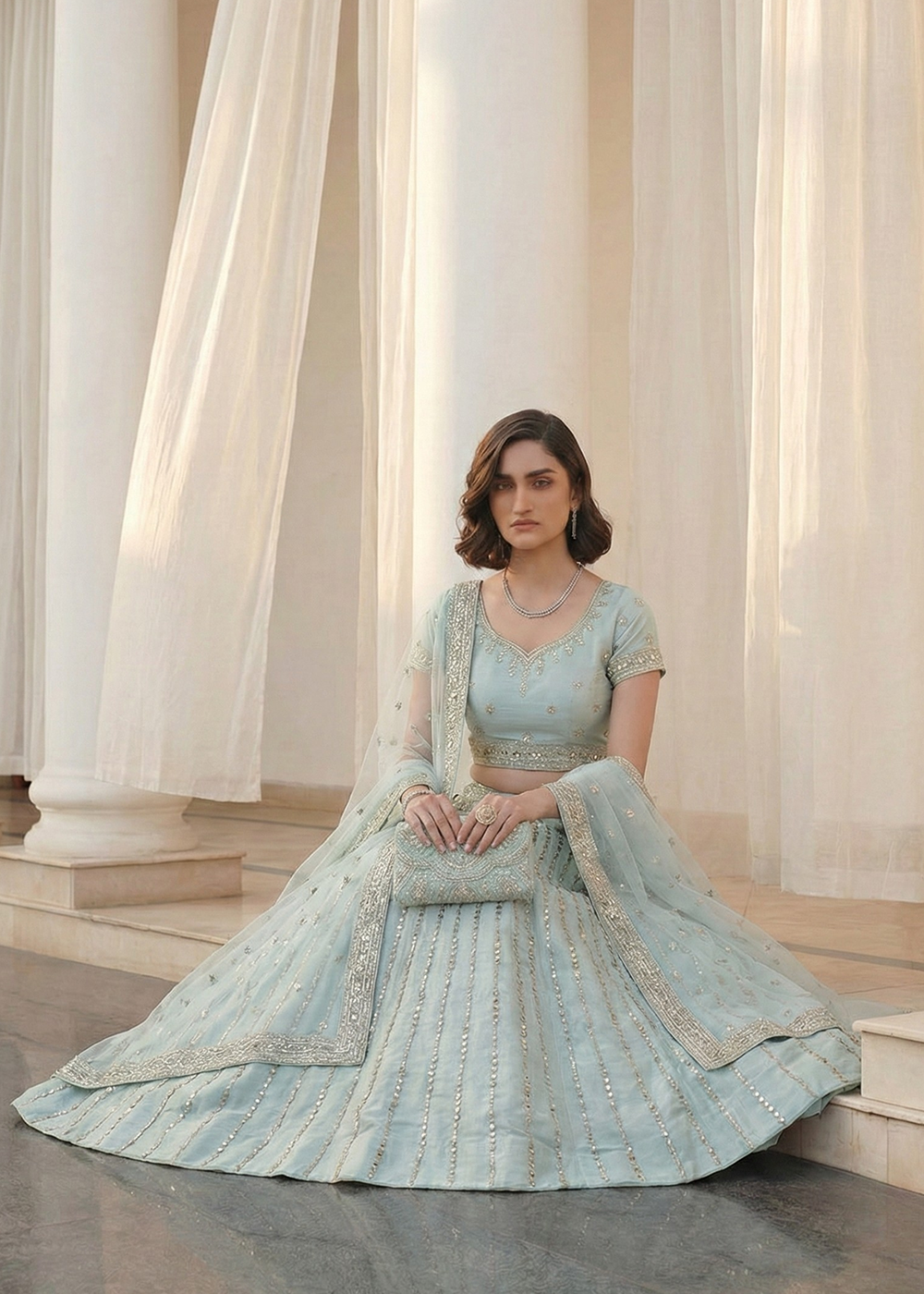 Buy Now Mirror Work Pastel Blue Wedding Wear Lehenga Online in US, UK, Canada, France, Germany, Sweden, Greece, Denmark, Spain, Africa & Worldwide at Empress.