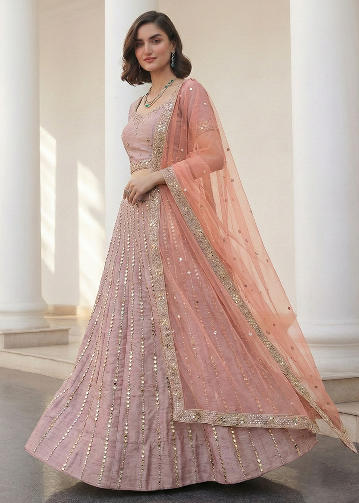 Buy Now Mirror Work Pastel Pink Wedding Wear Lehenga Online in US, UK, Canada, France, Germany, Sweden, Greece, Denmark, Spain, Africa & Worldwide at Empress.