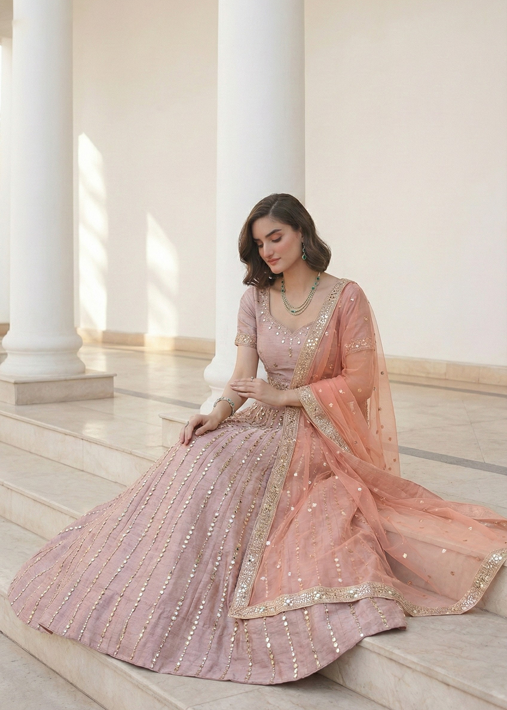 Buy Now Mirror Work Pastel Pink Wedding Wear Lehenga Online in US, UK, Canada, France, Germany, Sweden, Greece, Denmark, Spain, Africa & Worldwide at Empress.