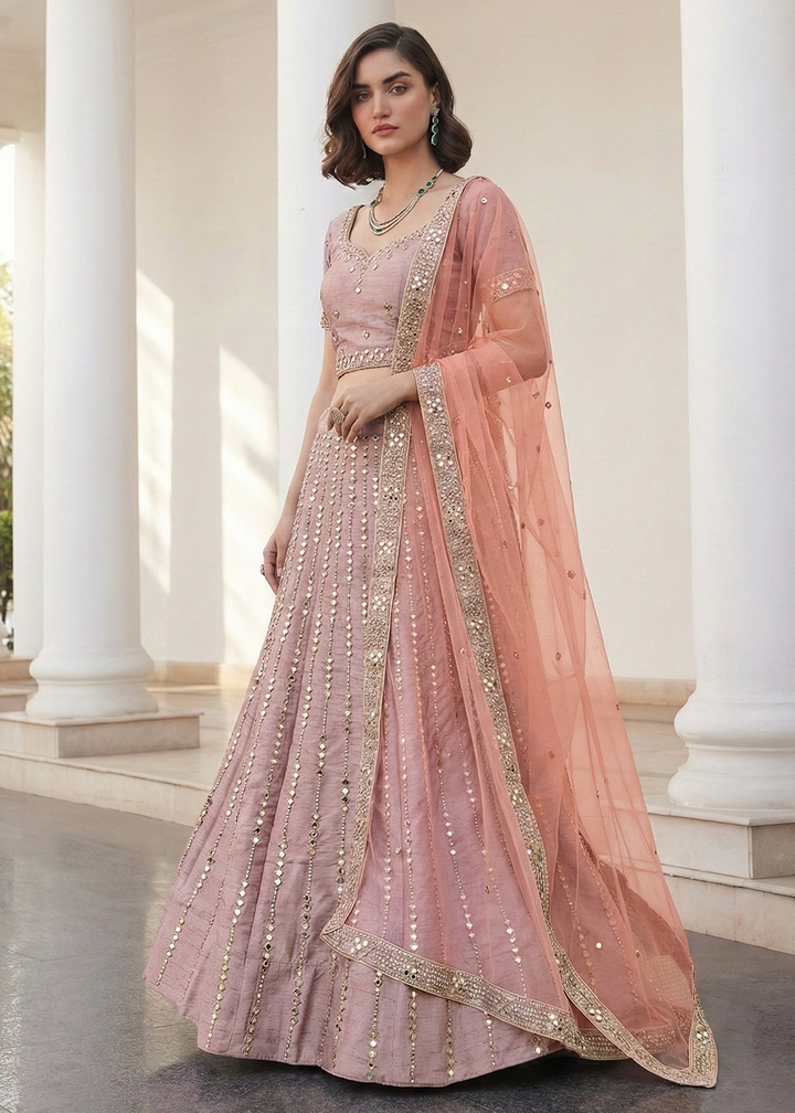 Buy Now Mirror Work Pastel Pink Wedding Wear Lehenga Online in US, UK, Canada, France, Germany, Sweden, Greece, Denmark, Spain, Africa & Worldwide at Empress.