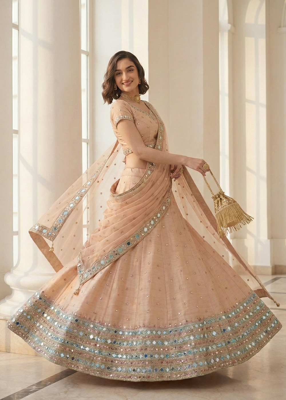 Buy Now Mirror Work Pastel Peach Wedding Wear Lehenga Online in US, UK, Canada, France, Germany, Sweden, Greece, Denmark, Spain, Africa & Worldwide at Empress.
