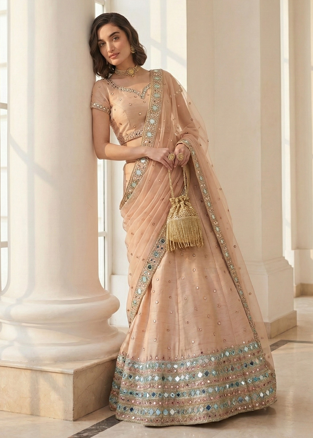 Buy Now Mirror Work Pastel Peach Wedding Wear Lehenga Online in US, UK, Canada, France, Germany, Sweden, Greece, Denmark, Spain, Africa & Worldwide at Empress.