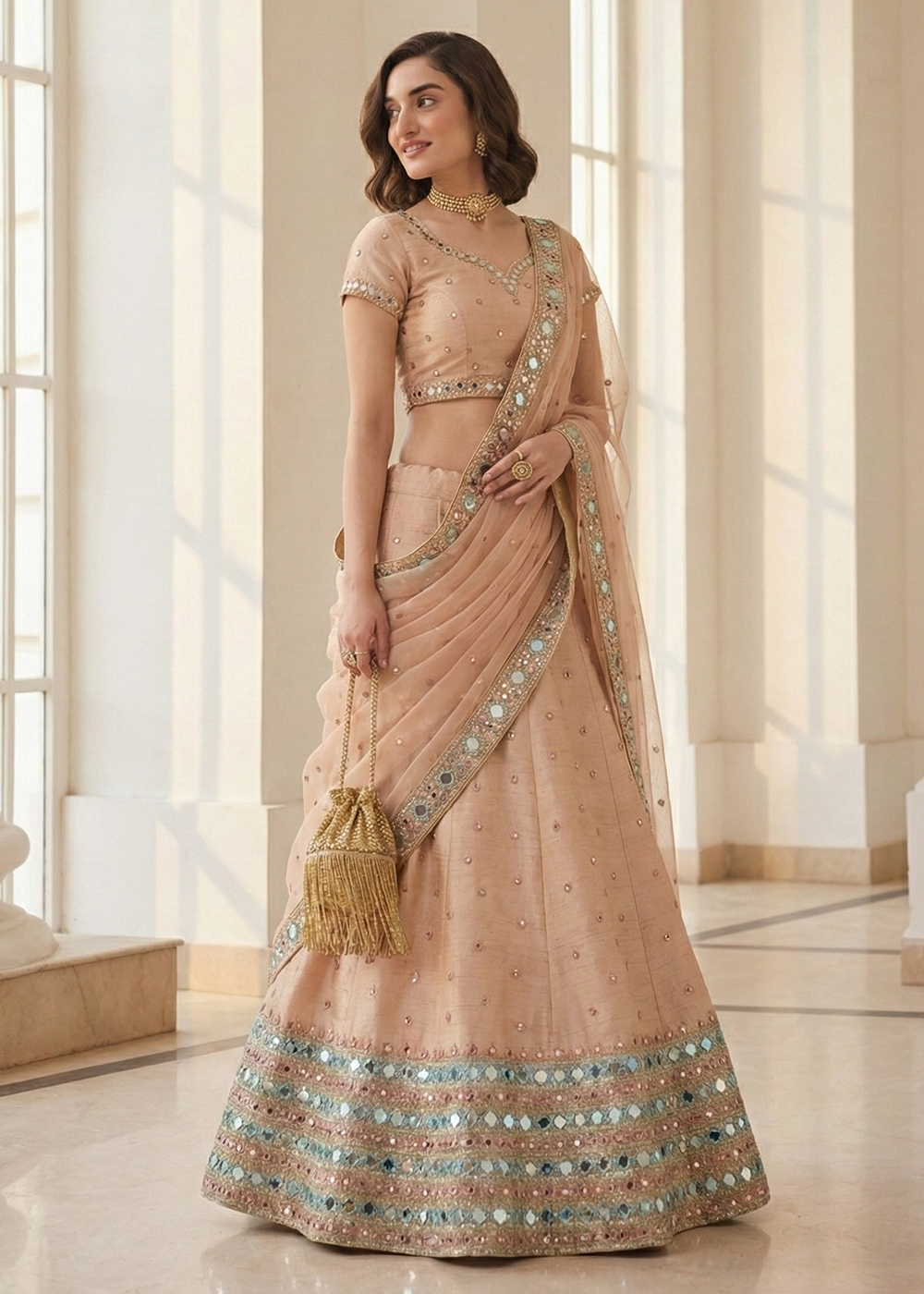 Buy Now Mirror Work Pastel Peach Wedding Wear Lehenga Online in US, UK, Canada, France, Germany, Sweden, Greece, Denmark, Spain, Africa & Worldwide at Empress.