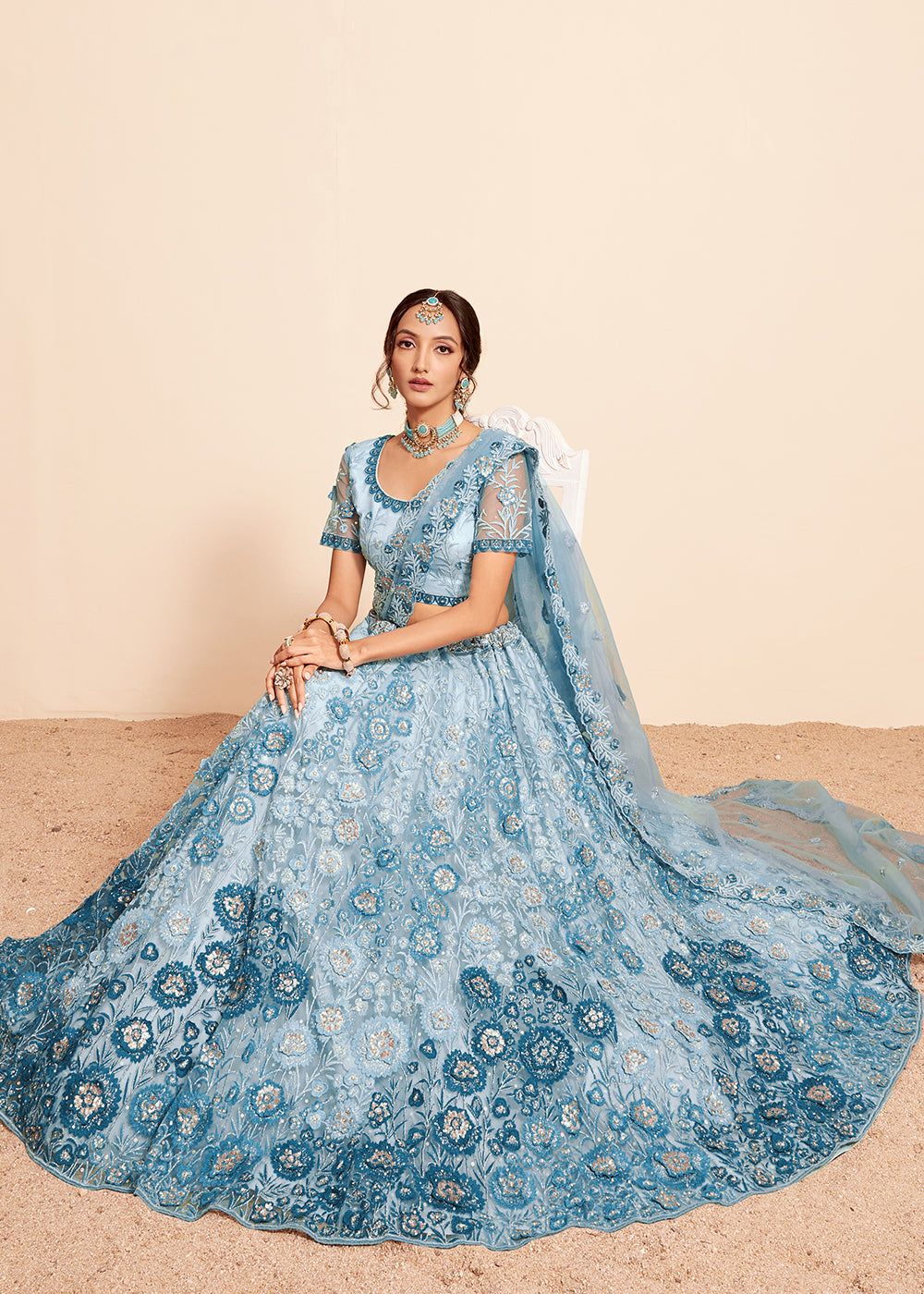 Buy Now Firozi Blue Beautifully Heavy Embroidered Bridal Lehenga Choli Online in USA, UK, Canada & Worldwide at Empress Clothing.