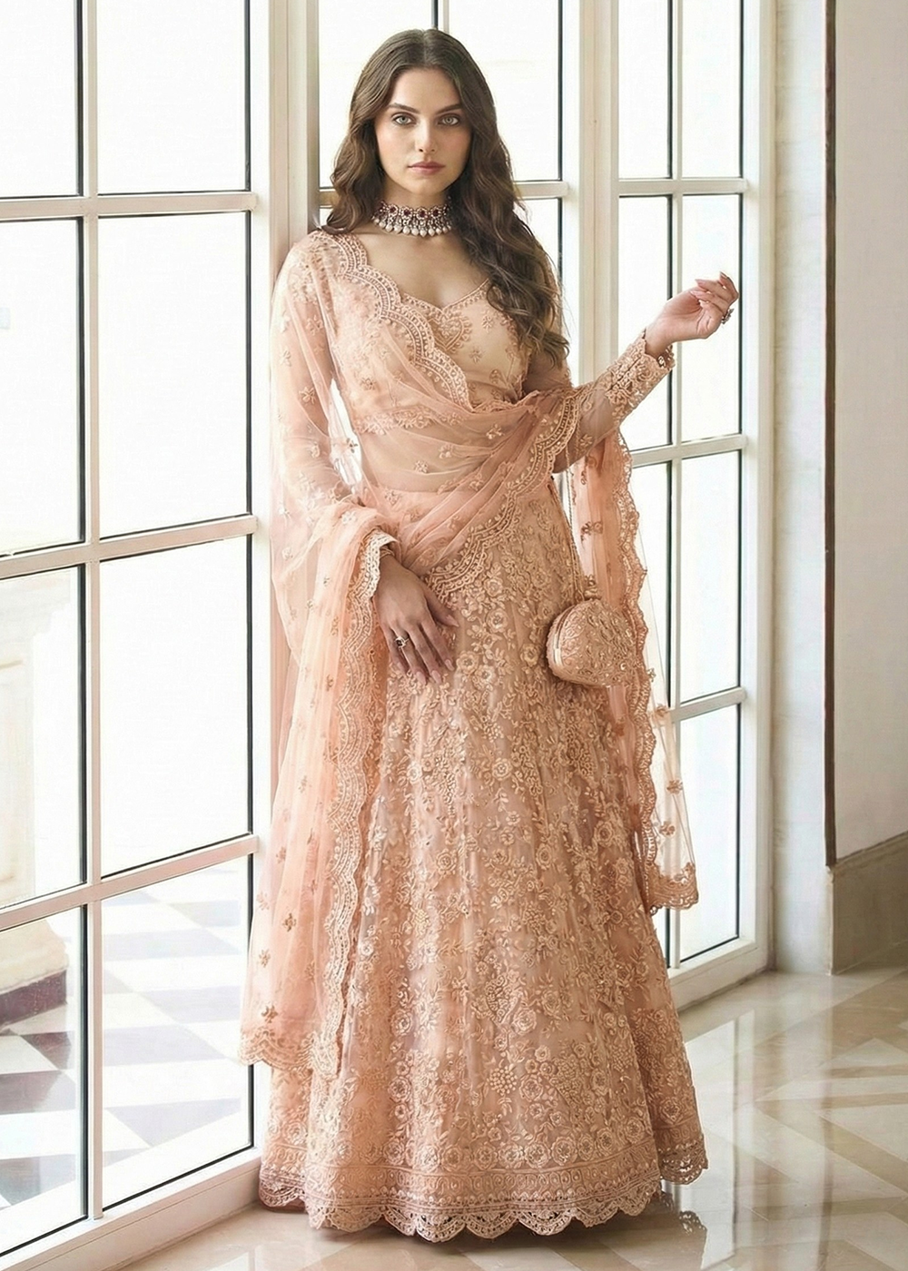 Buy Now Adorable Peach Heavy Net Embroidered Bridal Lehenga Choli Online in USA, UK, France, Italy, Germany, Sweden, Greece, Qatar, UAE & Worldwide at Empress.