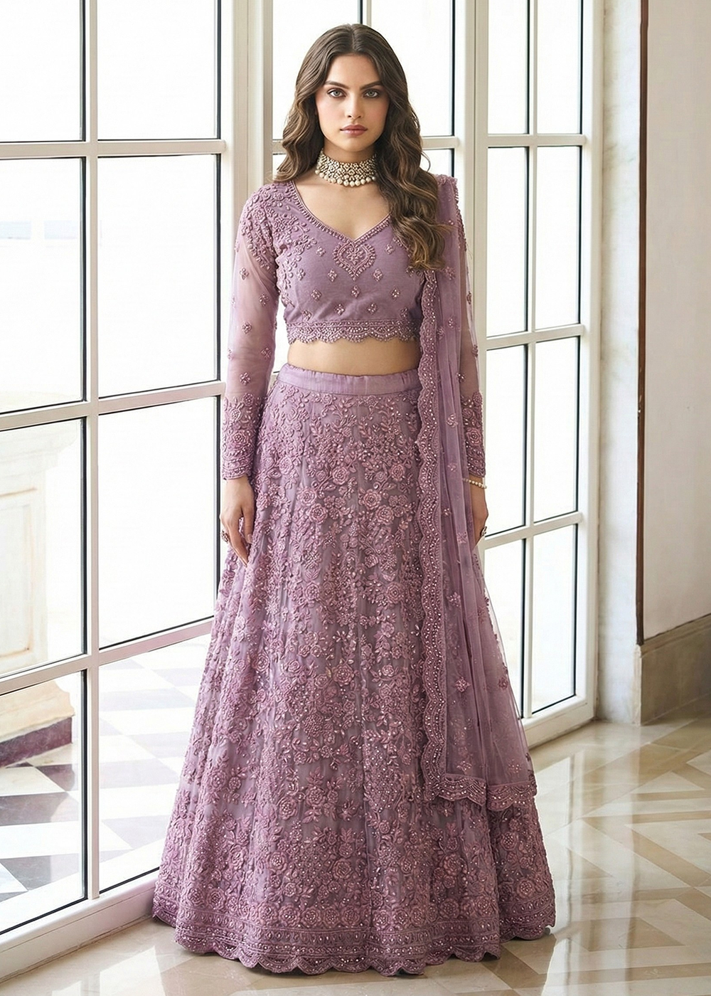 Buy Now Adorable Purple Heavy Net Embroidered Bridal Lehenga Choli Online in USA, UK, France, Greece, Netherlands, Germany, Swiss, UAE & Worldwide at Empress.