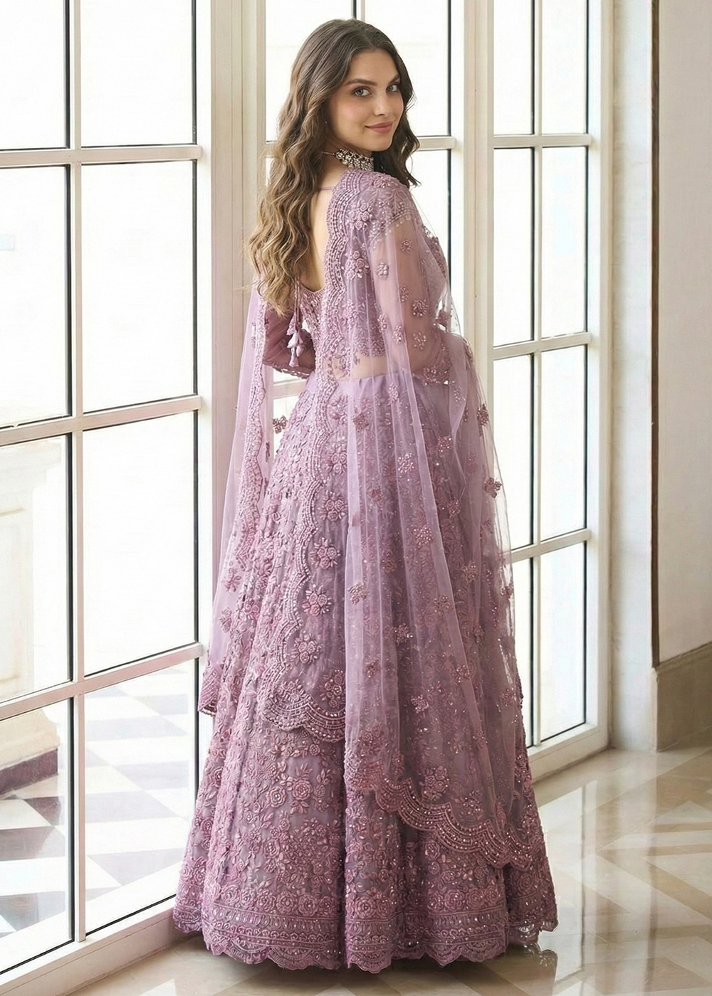 Buy Now Adorable Purple Heavy Net Embroidered Bridal Lehenga Choli Online in USA, UK, France, Greece, Netherlands, Germany, Swiss, UAE & Worldwide at Empress.