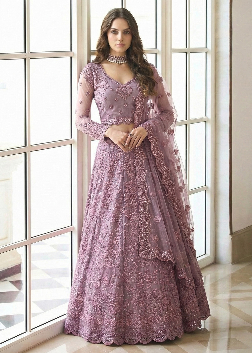 Buy Now Adorable Purple Heavy Net Embroidered Bridal Lehenga Choli Online in USA, UK, France, Greece, Netherlands, Germany, Swiss, UAE & Worldwide at Empress.