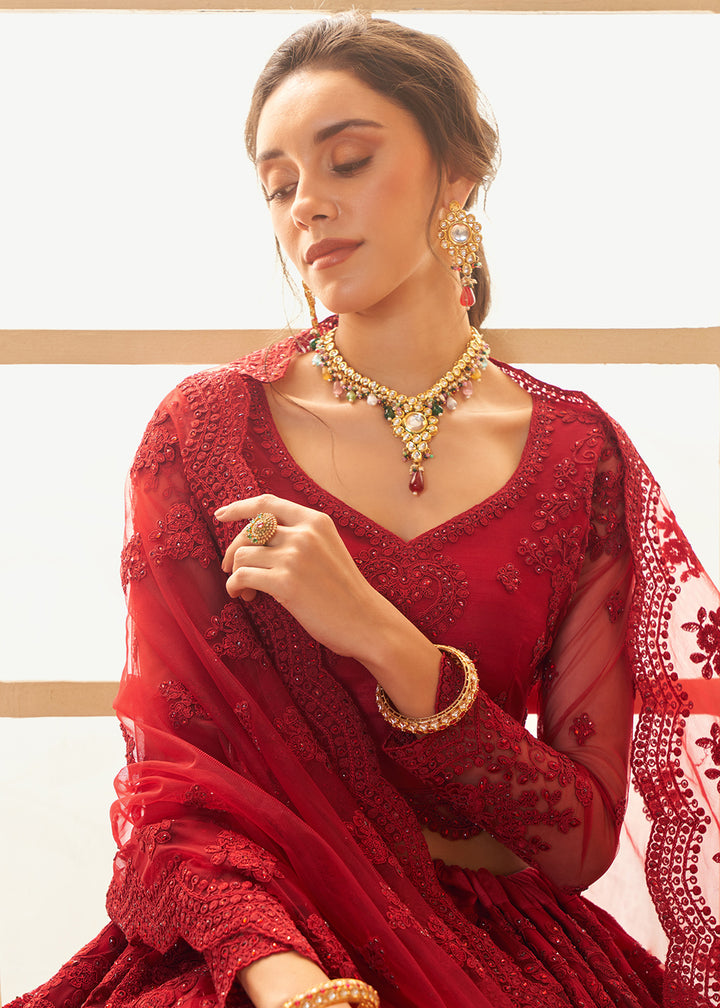 Buy Now Adorable Red Heavy Net Embroidered Bridal Lehenga Choli Online in USA, UK, France, UAE & Worldwide at Empress Clothing. 