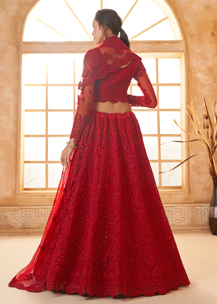 Buy Now Adorable Red Heavy Net Embroidered Bridal Lehenga Choli Online in USA, UK, France, UAE & Worldwide at Empress Clothing. 