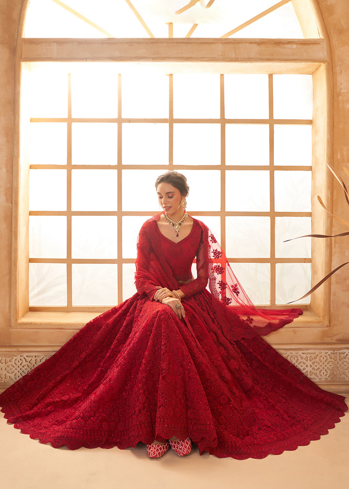 Buy Now Adorable Red Heavy Net Embroidered Bridal Lehenga Choli Online in USA, UK, France, UAE & Worldwide at Empress Clothing. 