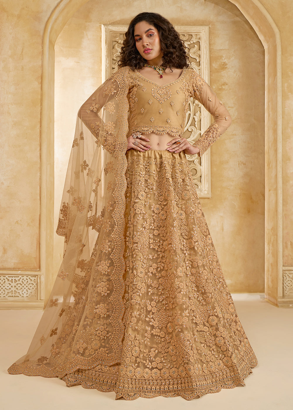 Buy Now Adorable Golden Heavy Net Embroidered Bridal Lehenga Choli Online in USA, UK, France, UAE & Worldwide at Empress Clothing. 