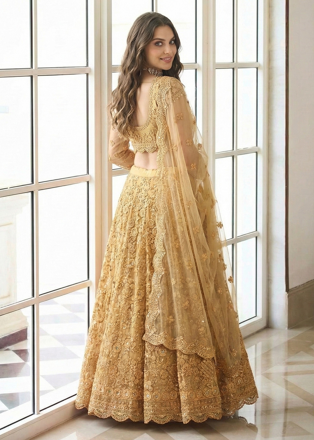 Buy Now Adorable Golden Heavy Net Embroidered Bridal Lehenga Choli Online in USA, UK, France, Swiss, Netherlands, Germany, Italy, Qatar & Worldwide at Empress.