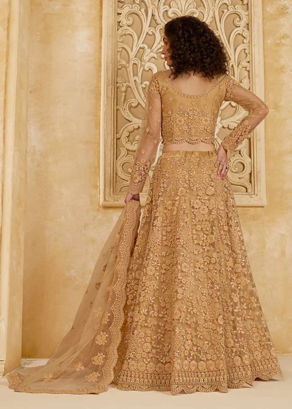 Buy Now Adorable Golden Heavy Net Embroidered Bridal Lehenga Choli Online in USA, UK, France, UAE & Worldwide at Empress Clothing. 