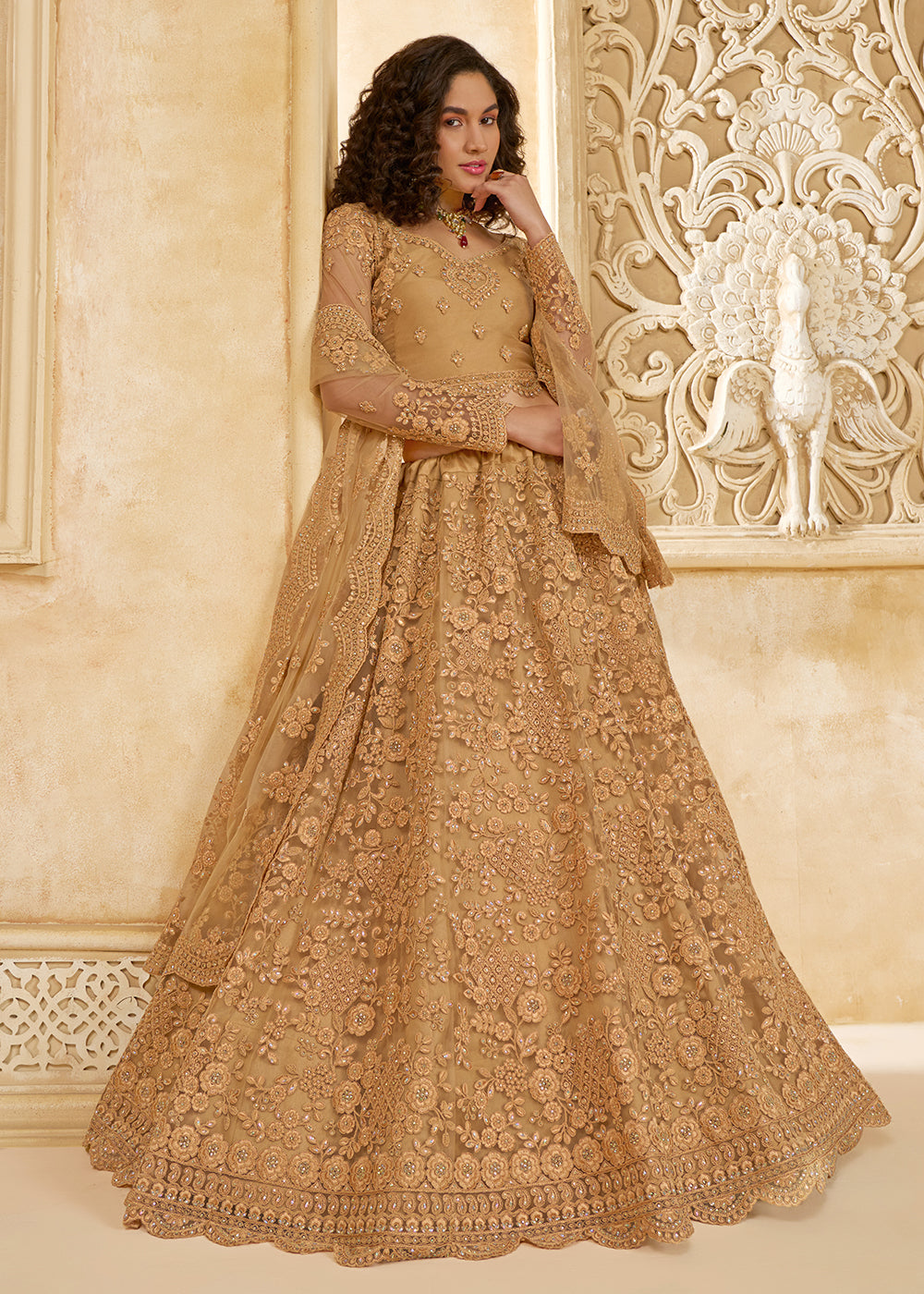 Buy Now Adorable Golden Heavy Net Embroidered Bridal Lehenga Choli Online in USA, UK, France, UAE & Worldwide at Empress Clothing. 