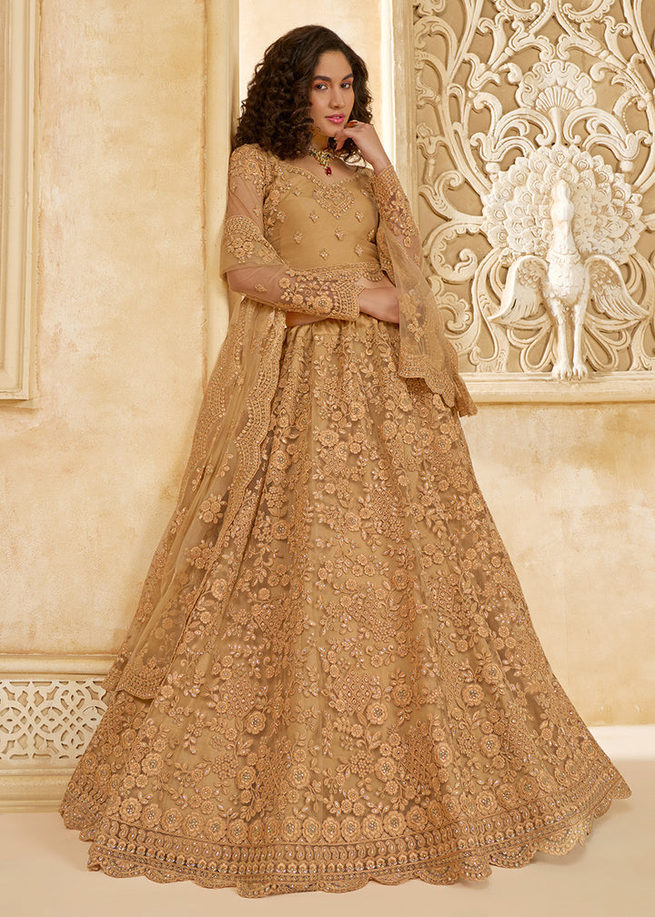 Buy Now Adorable Golden Heavy Net Embroidered Bridal Lehenga Choli Online in USA, UK, France, UAE & Worldwide at Empress Clothing. 