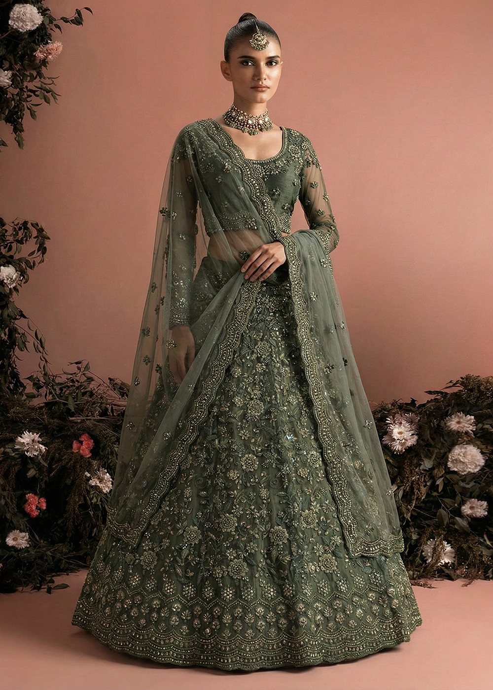 Buy Now Awesome Green Heavy Net Embroidered Bridal Lehenga Choli Online in USA, UK, France, Canada, Italy, Sweden, Greece, UAE & Worldwide at Empress Clothing.