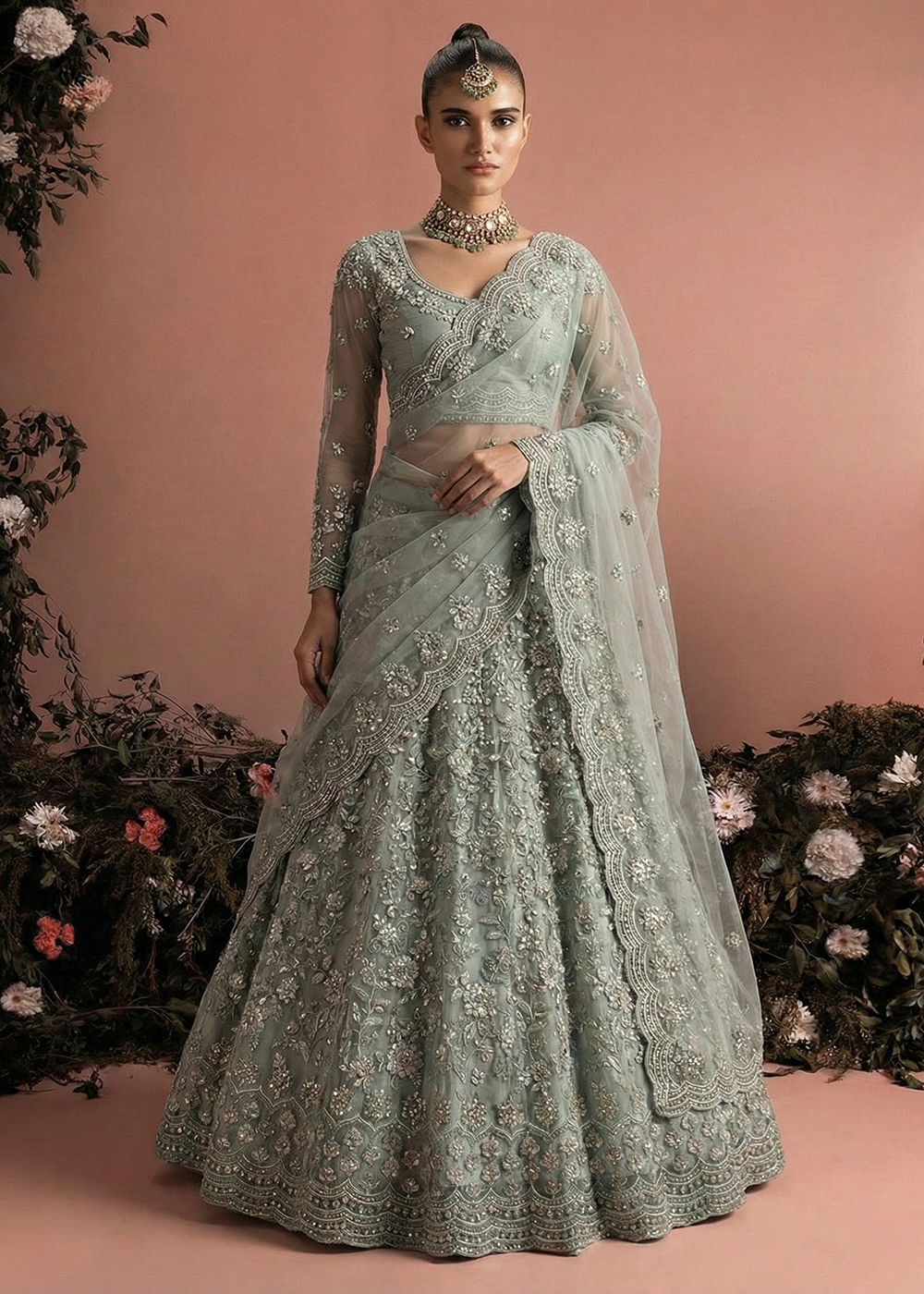 Buy Now Awesome Grey Heavy Net Embroidered Bridal Lehenga Choli Online in USA, UK, France, Canada, Italy, Sweden, Greece, UAE & Worldwide at Empress Clothing.