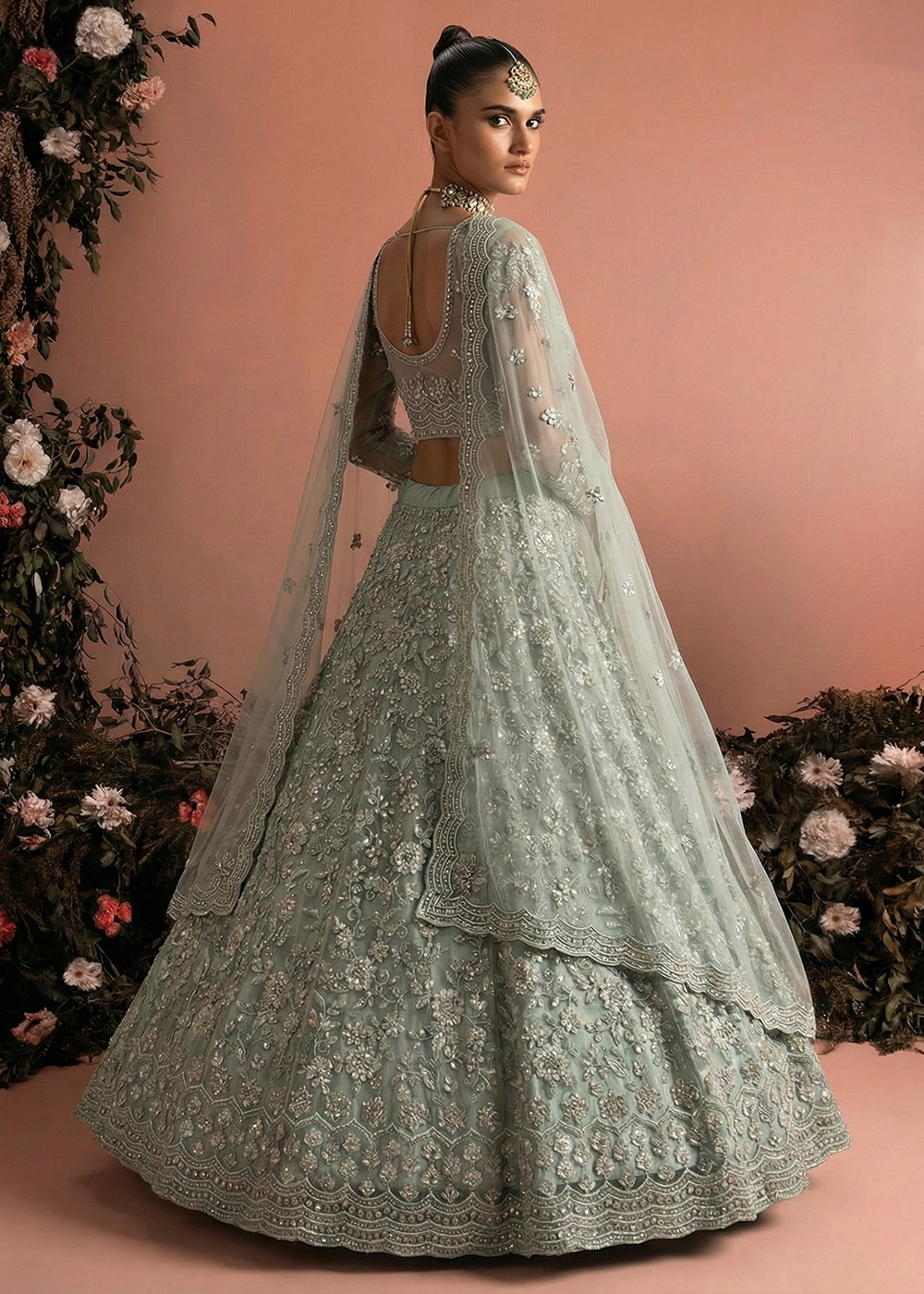 Buy Now Awesome Grey Heavy Net Embroidered Bridal Lehenga Choli Online in USA, UK, France, Canada, Italy, Sweden, Greece, UAE & Worldwide at Empress Clothing.