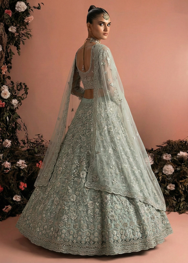 Buy Now Awesome Grey Heavy Net Embroidered Bridal Lehenga Choli Online in USA, UK, France, Canada, Italy, Sweden, Greece, UAE & Worldwide at Empress Clothing.