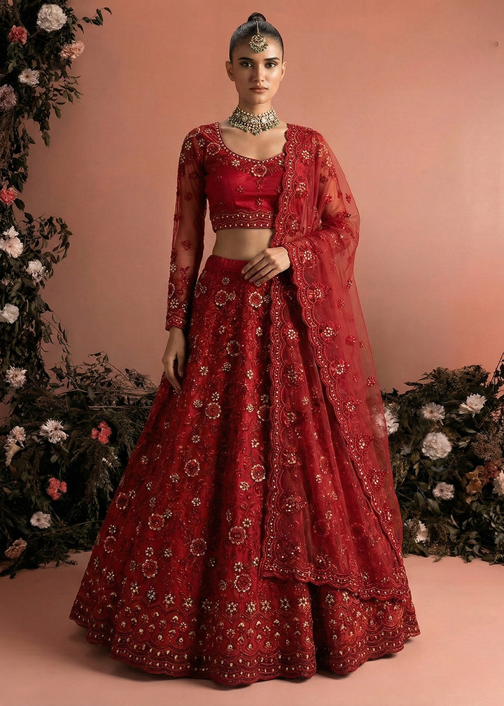 Buy Now Awesome Red Heavy Net Embroidered Bridal Lehenga Choli Online in USA, UK, France, Canada, Italy, Sweden, Greece, UAE & Worldwide at Empress Clothing.