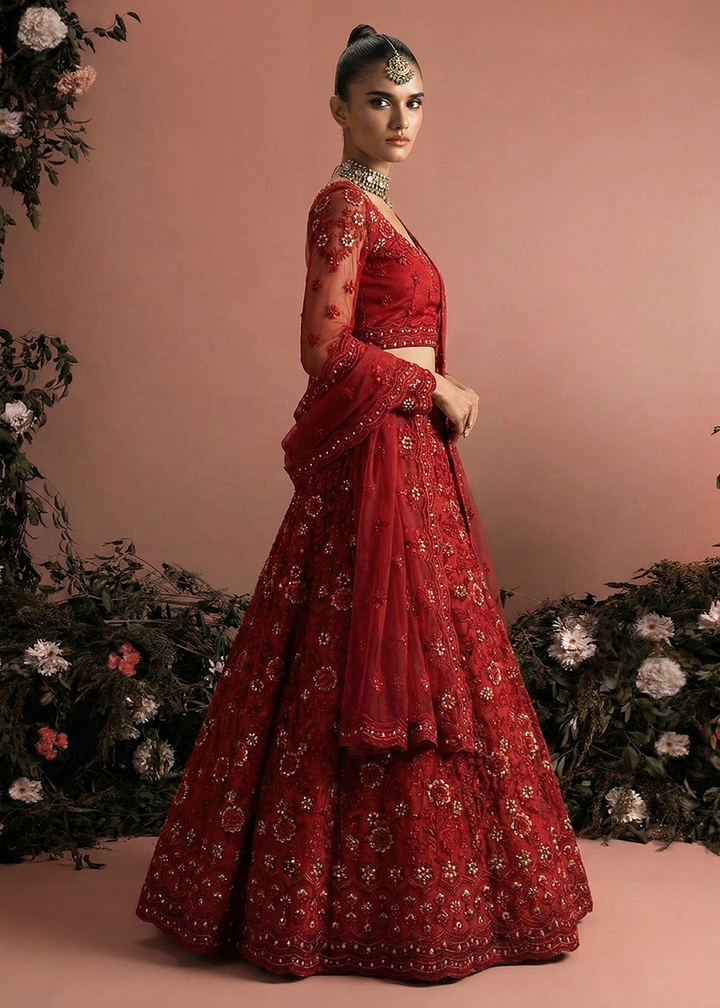 Buy Now Awesome Red Heavy Net Embroidered Bridal Lehenga Choli Online in USA, UK, France, Canada, Italy, Sweden, Greece, UAE & Worldwide at Empress Clothing.