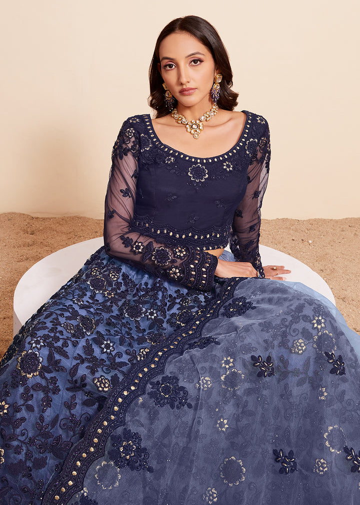 Buy Now Shaded Blue Beautifully Heavy Embroidered Bridal Lehenga Choli Online in USA, UK, Canada & Worldwide at Empress Clothing.