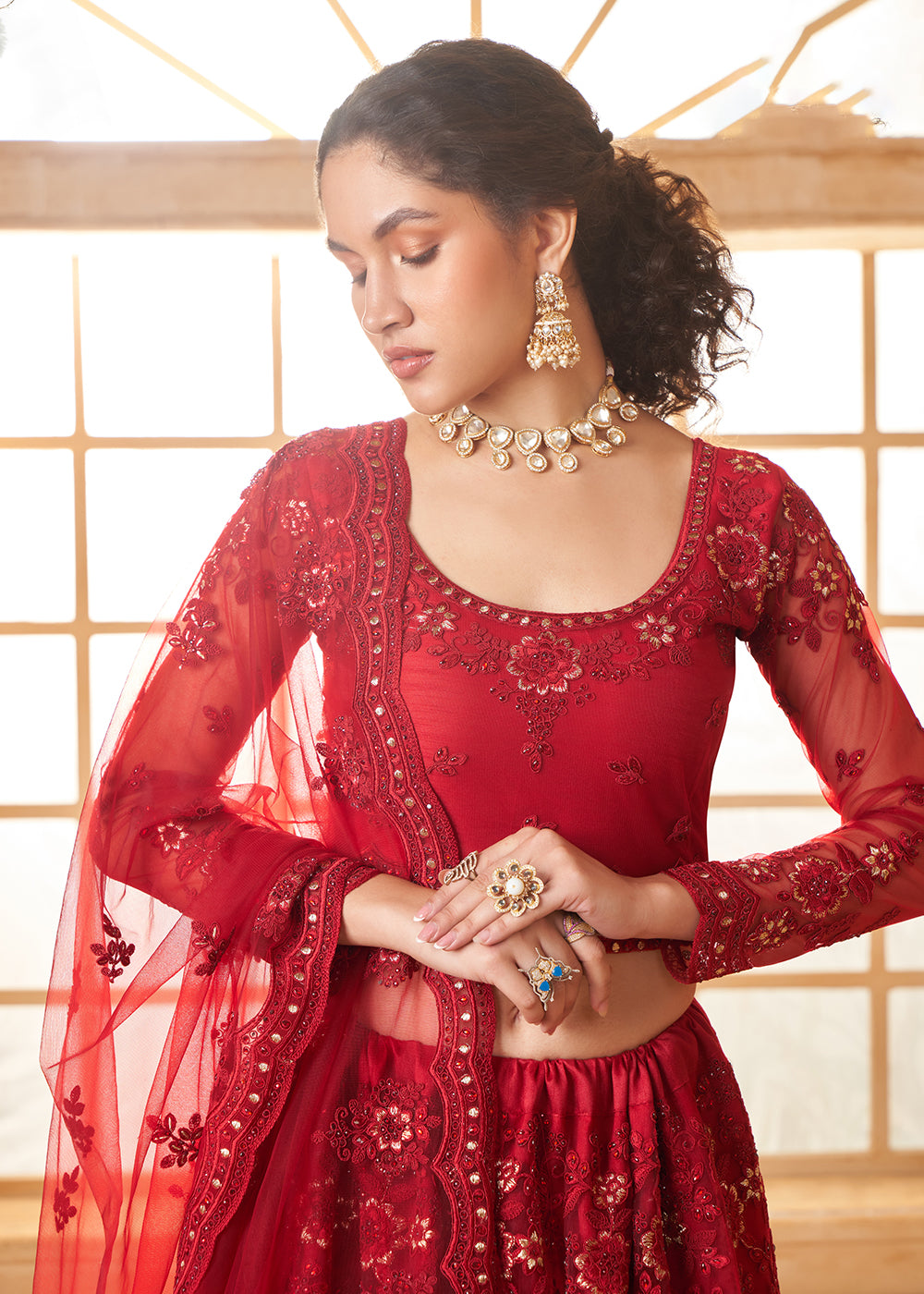 Buy Now Attractive Red Heavy Net Embroidered Bridal Lehenga Choli Online in USA, UK, France, UAE & Worldwide at Empress Clothing. 