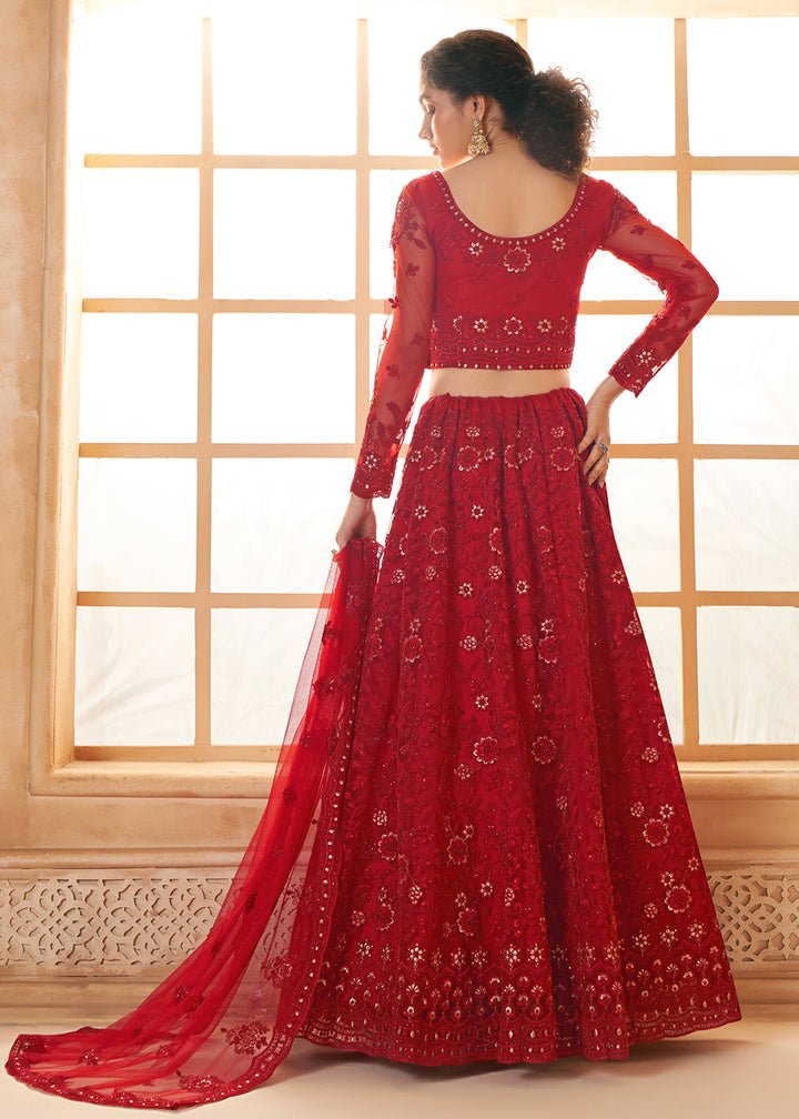 Buy Now Attractive Red Heavy Net Embroidered Bridal Lehenga Choli Online in USA, UK, France, UAE & Worldwide at Empress Clothing. 