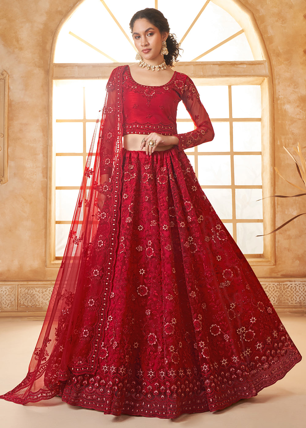 Buy Now Attractive Red Heavy Net Embroidered Bridal Lehenga Choli Online in USA, UK, France, UAE & Worldwide at Empress Clothing. 