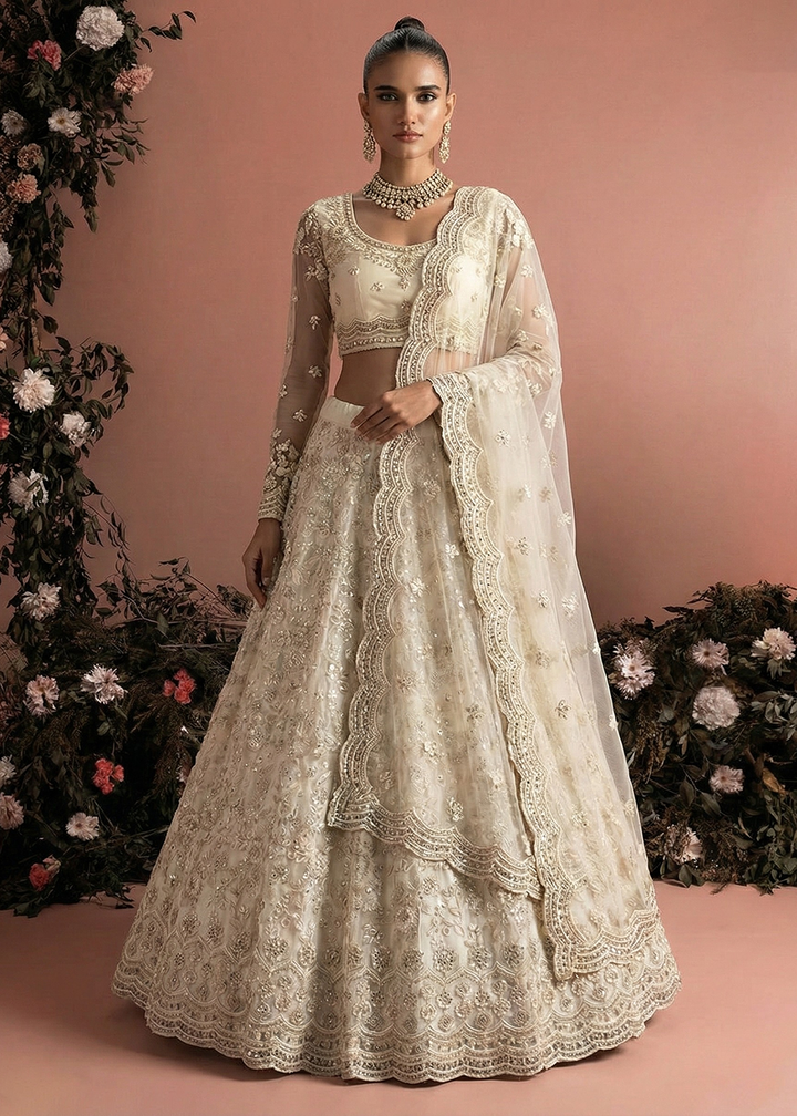 Buy Now Awesome Cream Heavy Net Embroidered Bridal Lehenga Choli Online in USA, UK, France, Canada, Italy, Sweden, Greece, UAE & Worldwide at Empress Clothing.