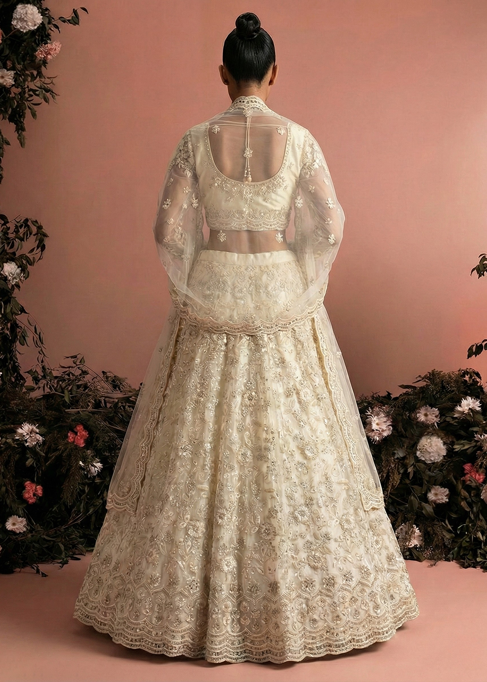 Buy Now Awesome Cream Heavy Net Embroidered Bridal Lehenga Choli Online in USA, UK, France, Canada, Italy, Sweden, Greece, UAE & Worldwide at Empress Clothing.