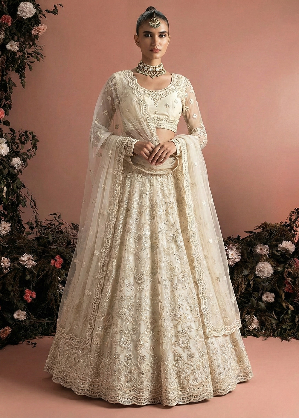 Buy Now Awesome Cream Heavy Net Embroidered Bridal Lehenga Choli Online in USA, UK, France, Canada, Italy, Sweden, Greece, UAE & Worldwide at Empress Clothing.